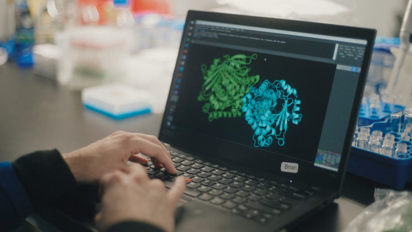 A protein structure model on a scientist’s laptop in the Solugen lab